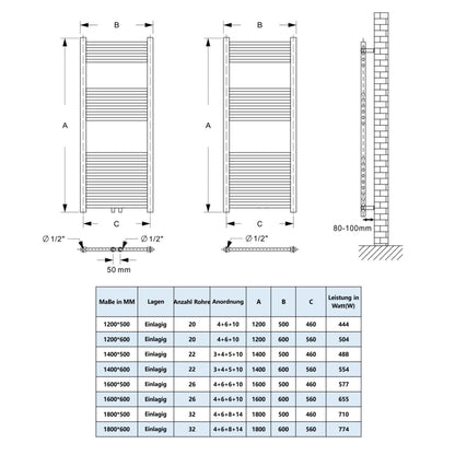 Badheizkörper Seitenanschluss Heizkörper Handtuchtrockner Weiß/Anthrazit Gerade