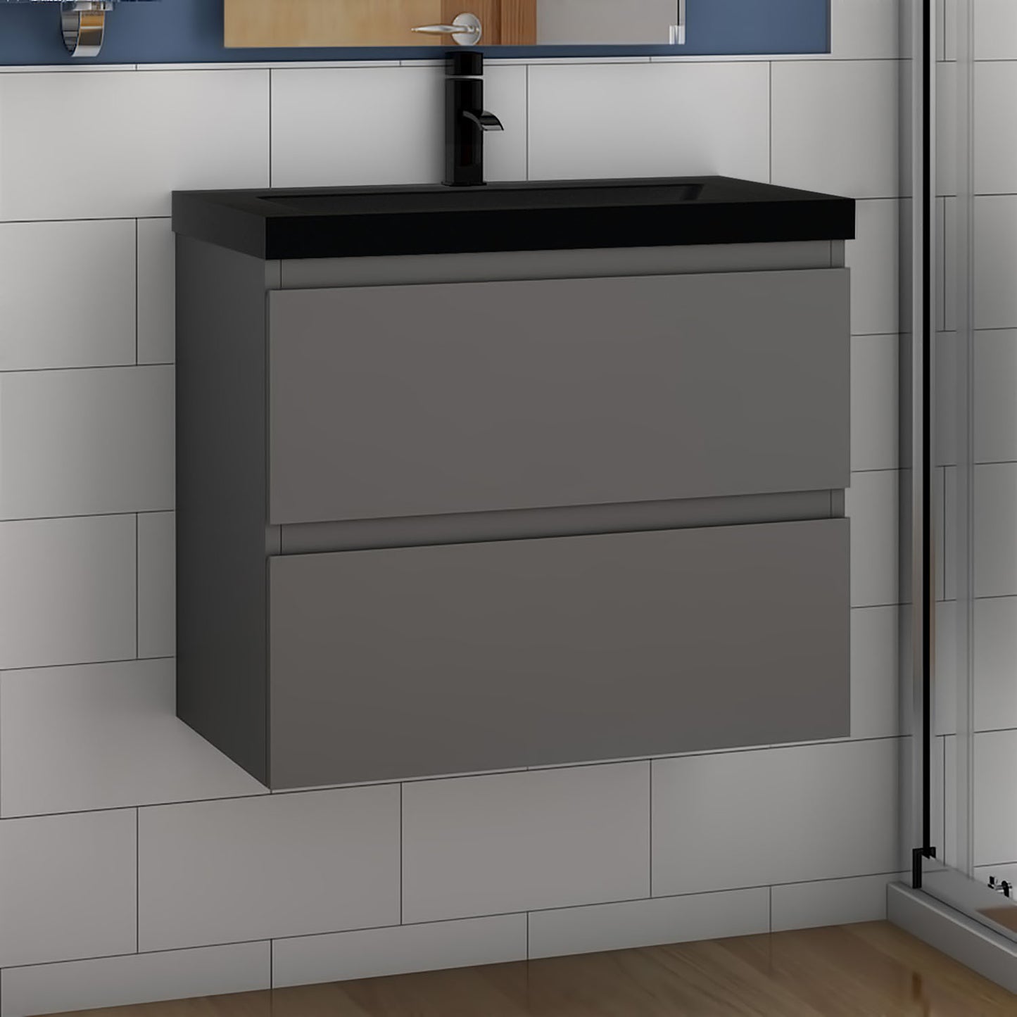 Badmöbel-Set 60 cm vormontierter Unterschrank, inkl. 2 Schubladen mit Soft-Close-Funktion,Waschtisch schwarz