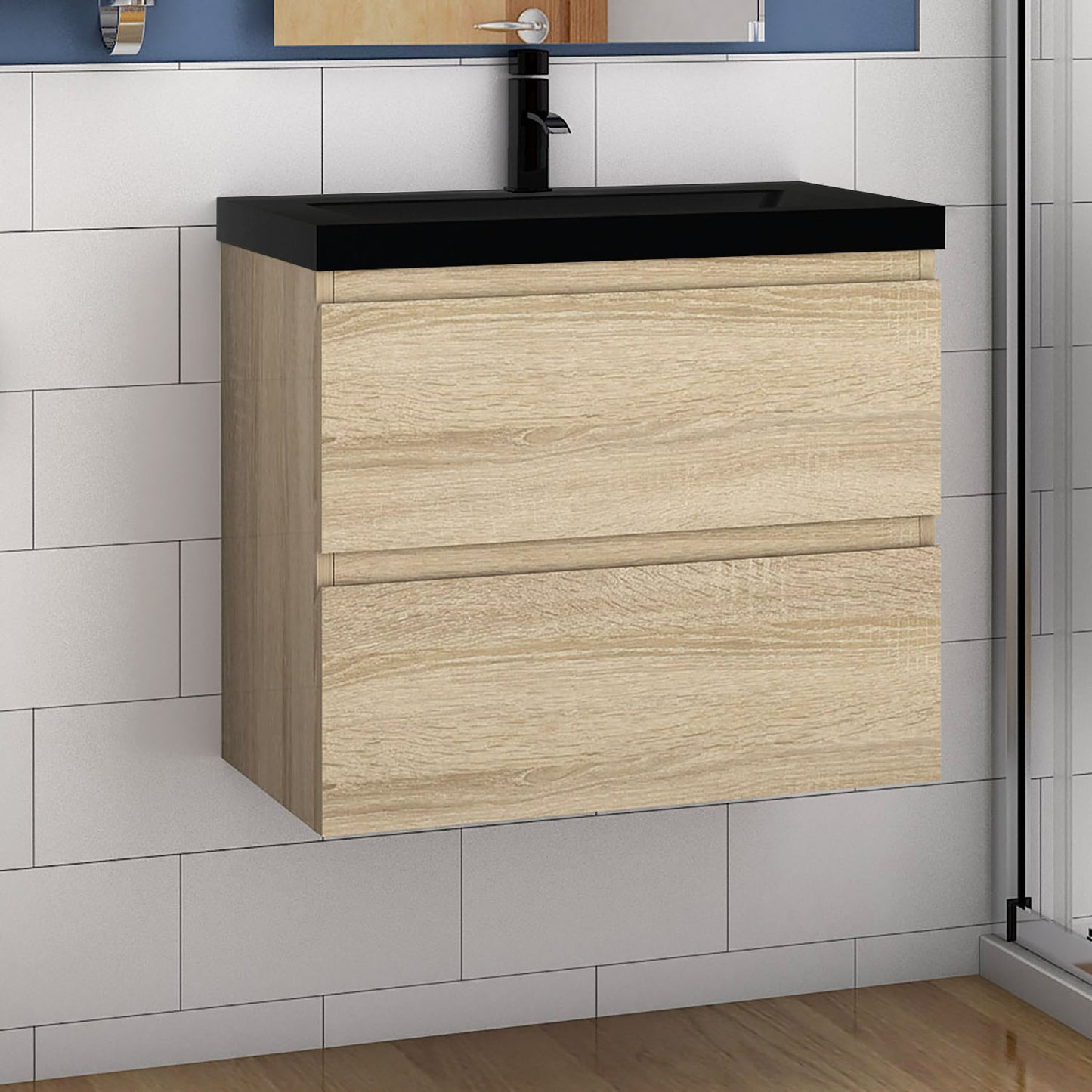 Badmöbel-Set 60 cm vormontierter Unterschrank, inkl. 2 Schubladen mit Soft-Close-Funktion,Waschtisch schwarz