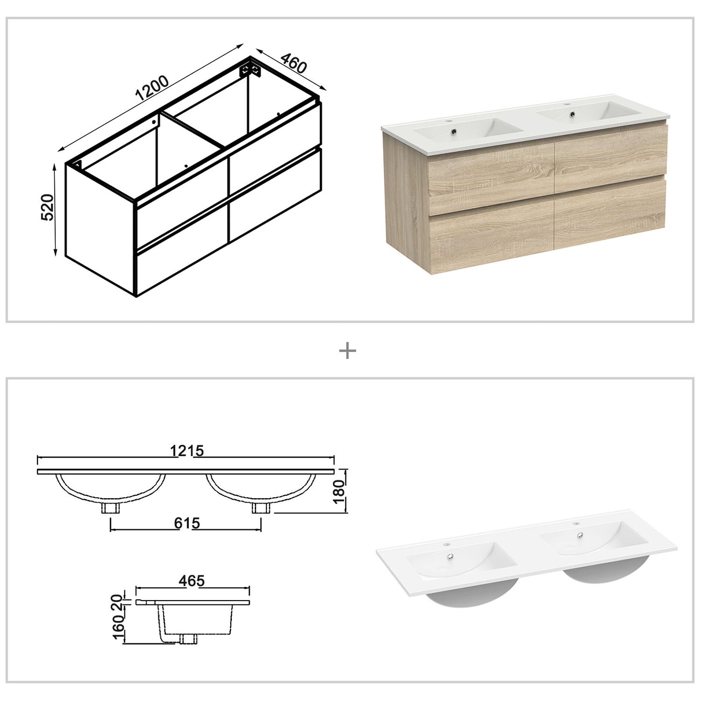 Badmöbel Set 120cm Badezimmer Waschtisch mit Unterschrank Weiß/Anthrazit/Eiche Matt