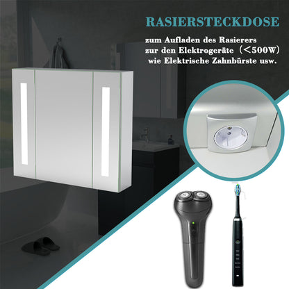 LED Spiegelschrank LISA 65x60cm Badspiegel mit Beleuchtung, Aluminium, Doppelseitiger Spiegel, IR-Sensor Schalter, Rasier Steckdose, Beschlagfrei