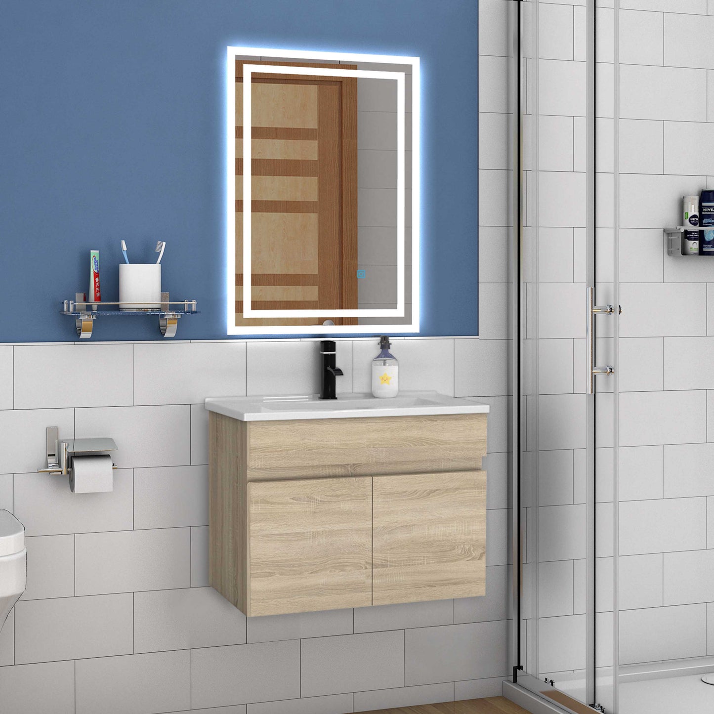 Waschbecken mit Unterschrank 60 cm Badmöbel Set mit Waschtisch Gäste WC Eiche Matt