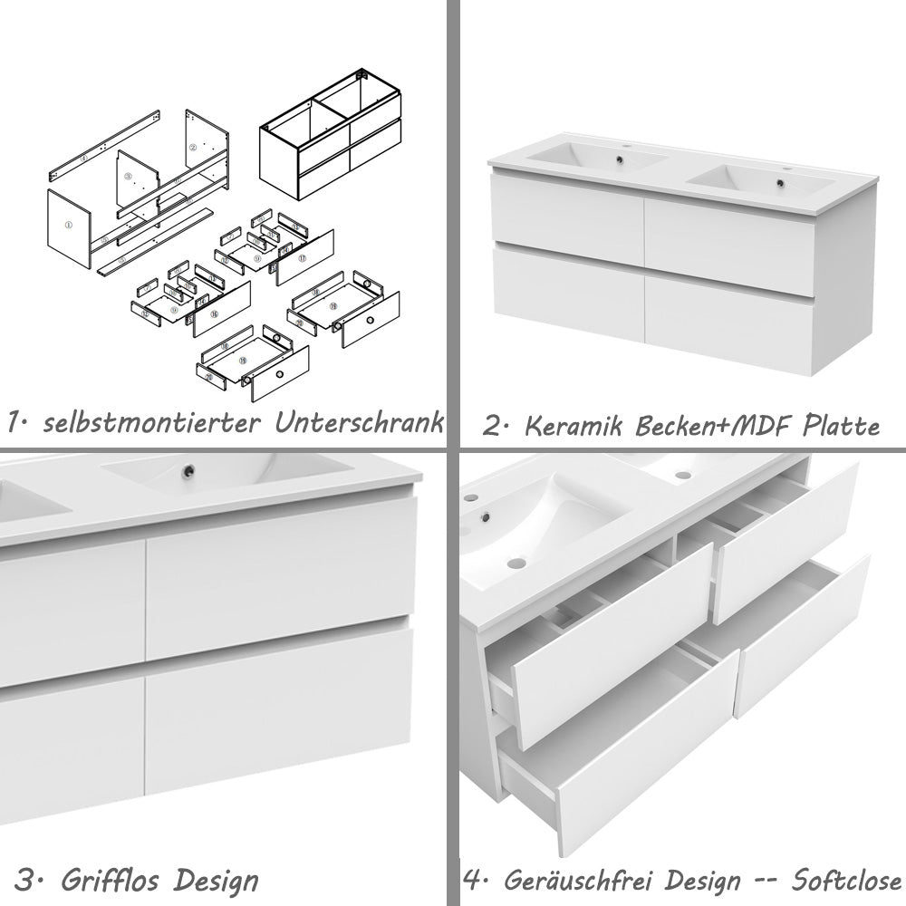 Badmöbel Set 120cm Badezimmer Waschtisch mit Unterschrank Weiß/Anthrazit/Eiche Matt