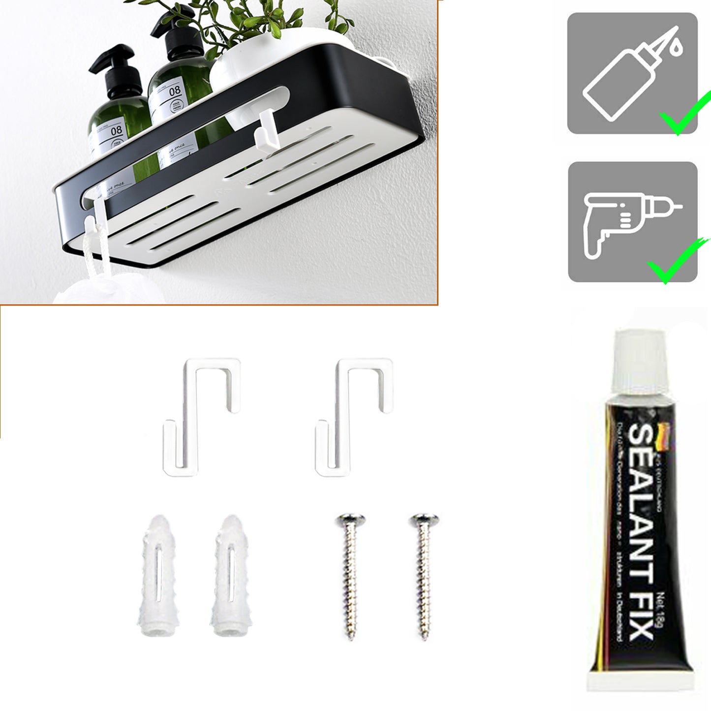 Duschablage mit 2 Haken, Duschkorb KLEBEN oder Bohren, Eckregal Rechteckig/Rechteckig, Schwarz