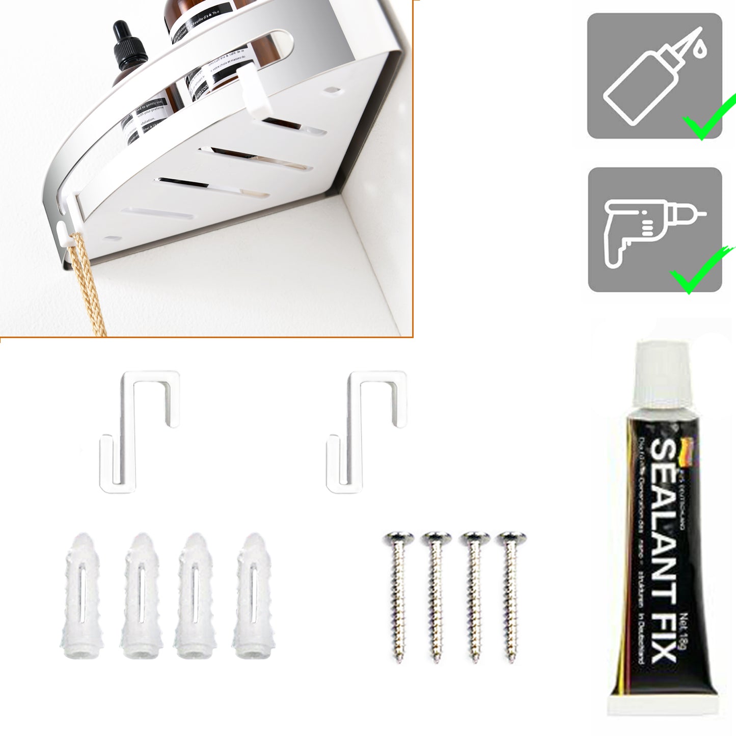 Duschablage mit 2 Haken, Duschkorb KLEBEN oder Bohren, Eckregal Rechteckig/Rechteckig, Schwarz