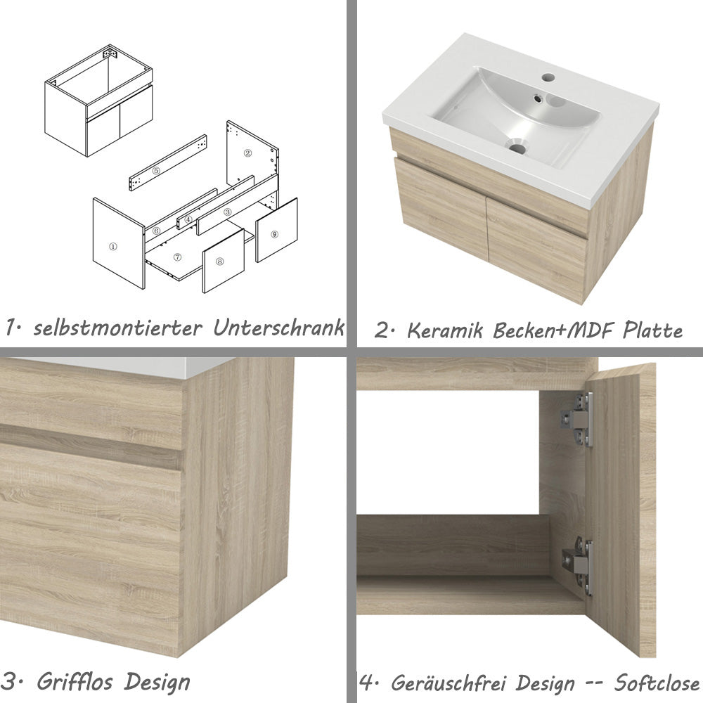 Waschbecken mit Unterschrank 60 cm Badmöbel Set mit Waschtisch Gäste WC Eiche Matt