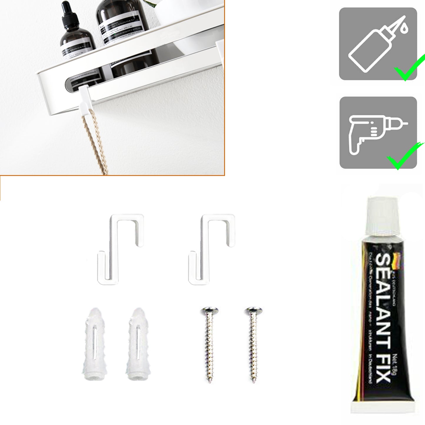 Duschablage mit 2 Haken, Duschkorb KLEBEN oder Bohren, Eckregal Rechteckig/Rechteckig, Schwarz