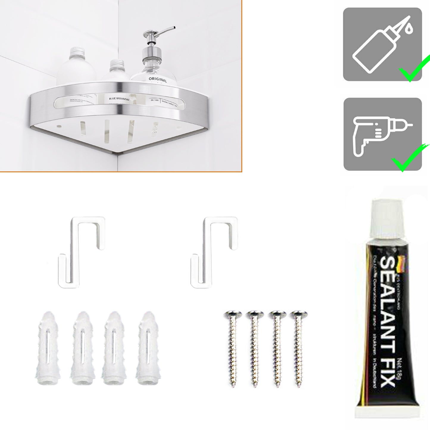 Duschablage mit 2 Haken, Duschkorb KLEBEN oder Bohren, Eckregal Rechteckig/Rechteckig, Schwarz