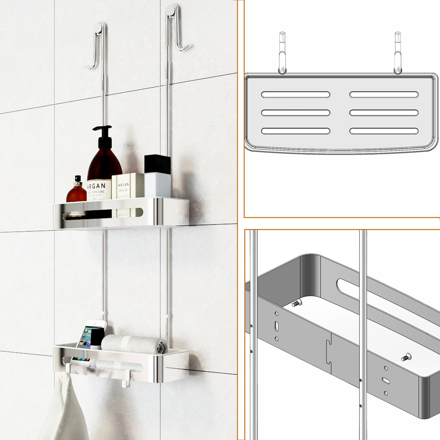 Duschablage mit 2 Haken, Duschkorb KLEBEN oder Bohren, Eckregal Rechteckig/Rechteckig, Schwarz