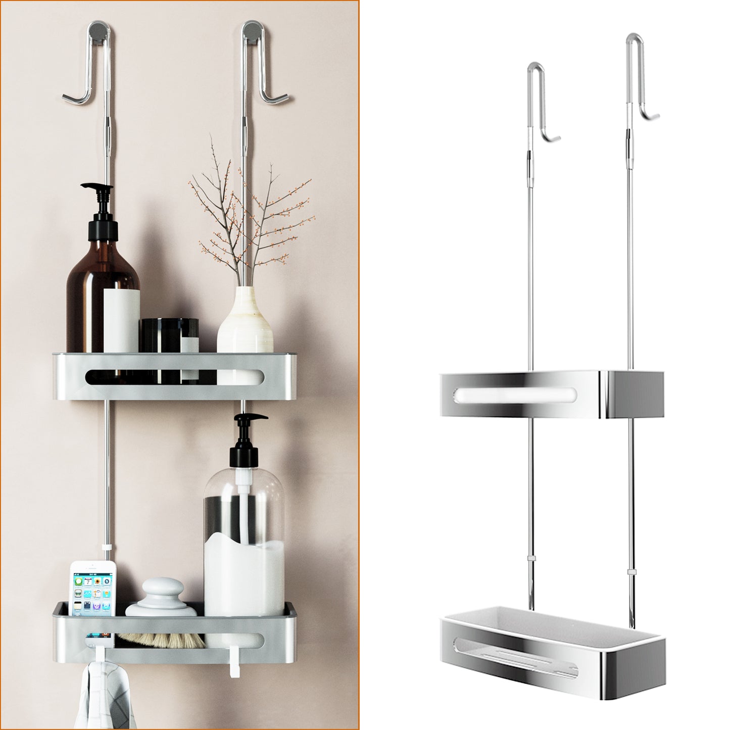 Duschablage mit 2 Haken, Duschkorb KLEBEN oder Bohren, Eckregal Rechteckig/Rechteckig, Schwarz