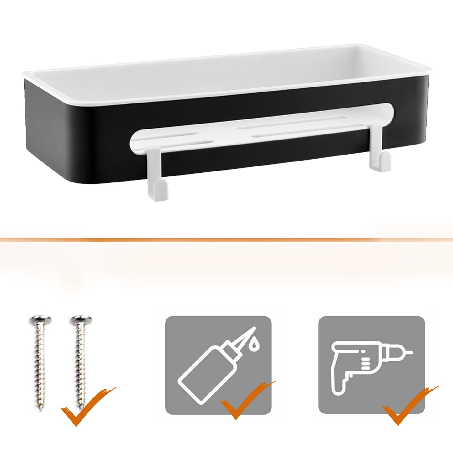 Duschablage mit 2 Haken, Duschkorb KLEBEN oder Bohren, Eckregal Rechteckig/Rechteckig, Schwarz