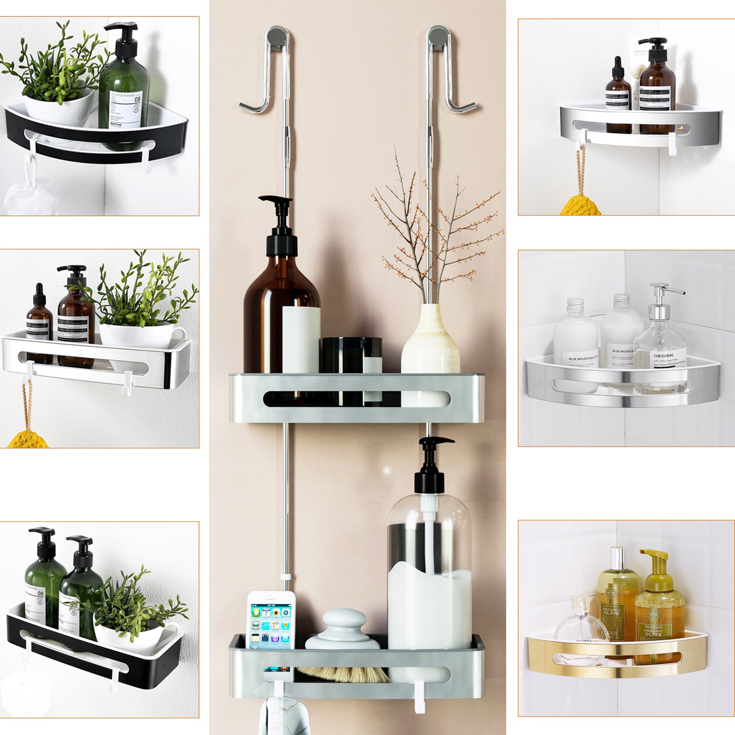 Duschablage mit 2 Haken, Duschkorb KLEBEN oder Bohren, Eckregal Rechteckig/Rechteckig, Schwarz