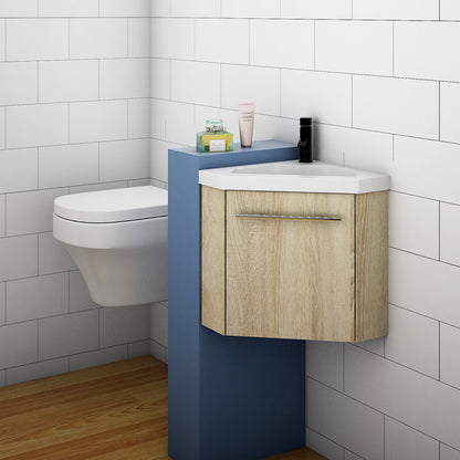 Eck-Badmöbel Set AURORA 45 cm Weiß/Eiche Natur/Anthrazit Eckwaschbecken mit Unterschrank Waschtisch Waschbecken