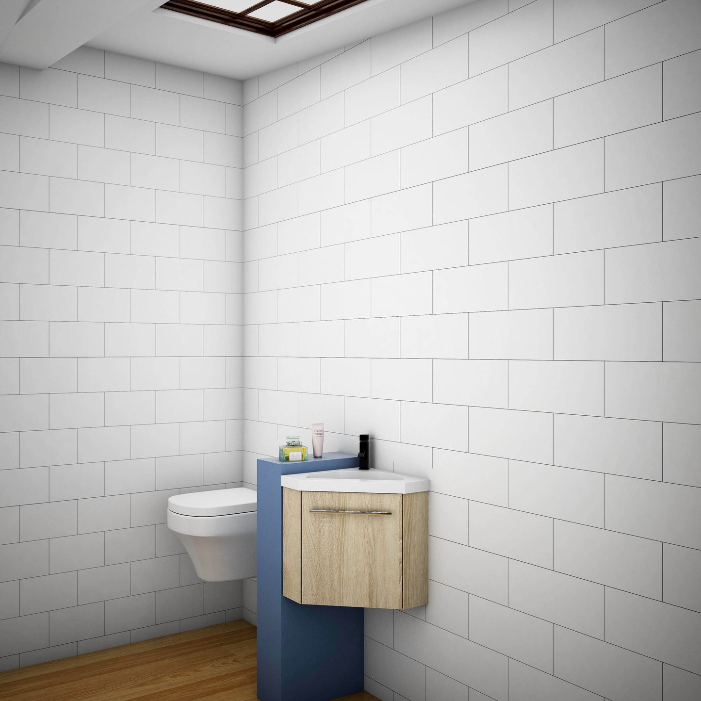 Eck-Badmöbel Set AURORA 45 cm Weiß/Eiche Natur/Anthrazit Eckwaschbecken mit Unterschrank Waschtisch Waschbecken