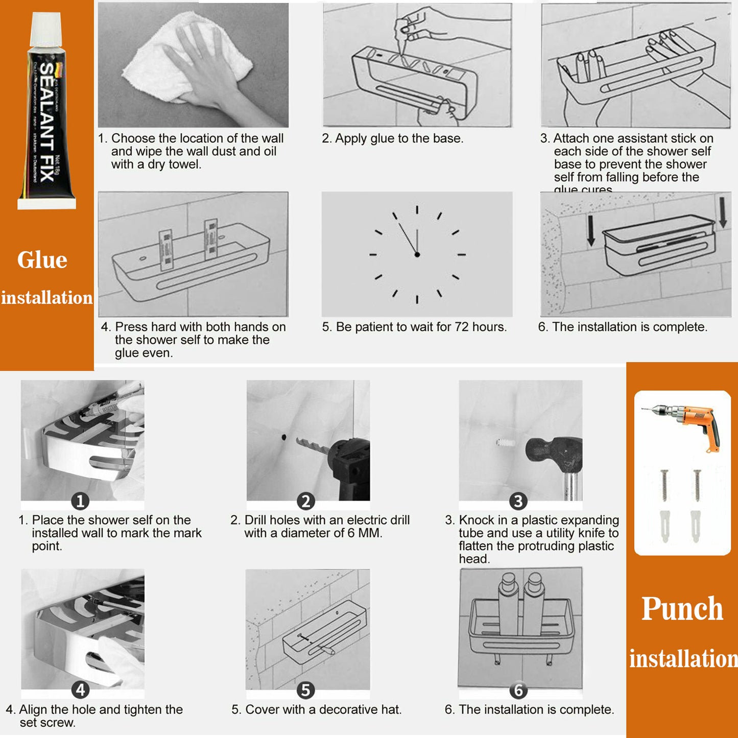 Duschablage mit 2 Haken, Duschkorb KLEBEN oder Bohren, Eckregal Rechteckig/Rechteckig, Schwarz