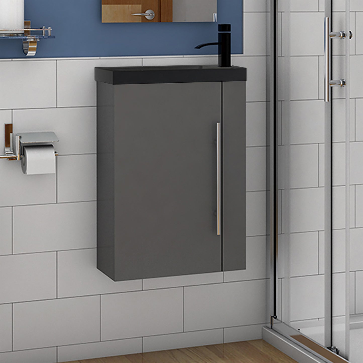 Badmöbel-Set 45 cm Waschtischunterschrank mit schwarzem Waschbecken, Gäste-WC, Kleinmöbel