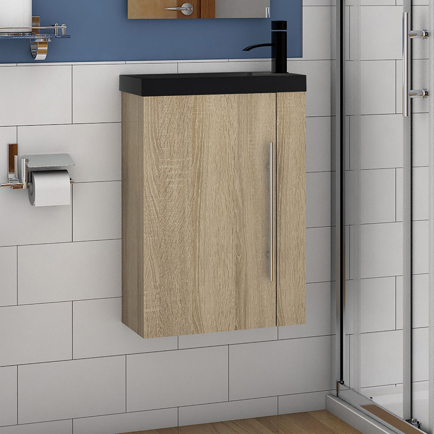 Badmöbel-Set 45 cm Waschtischunterschrank mit schwarzem Waschbecken, Gäste-WC, Kleinmöbel