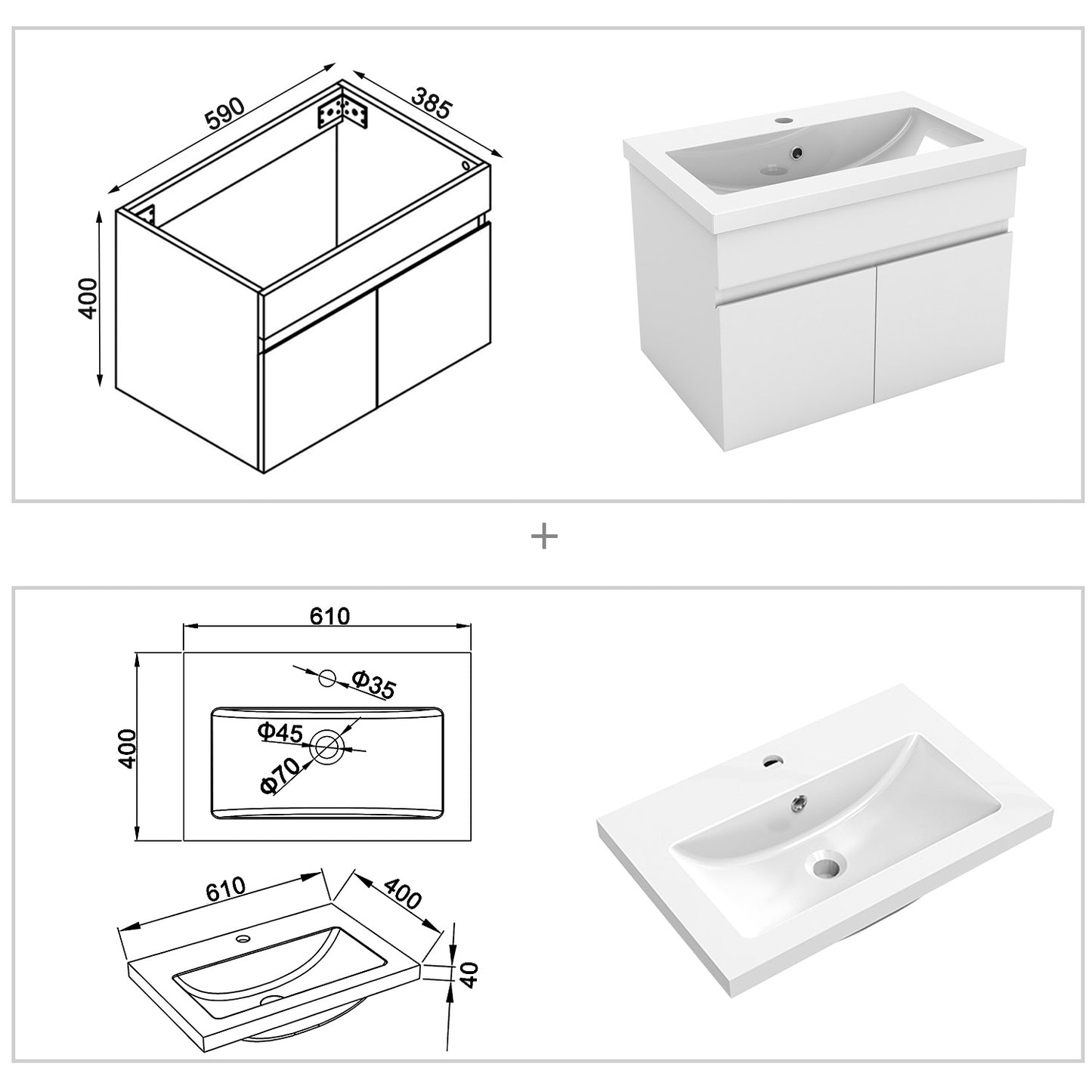 Waschtisch mit Unterschrank 60 cm Badmöbel Set mit Waschbecken  Gäste WC Weiß Matt
