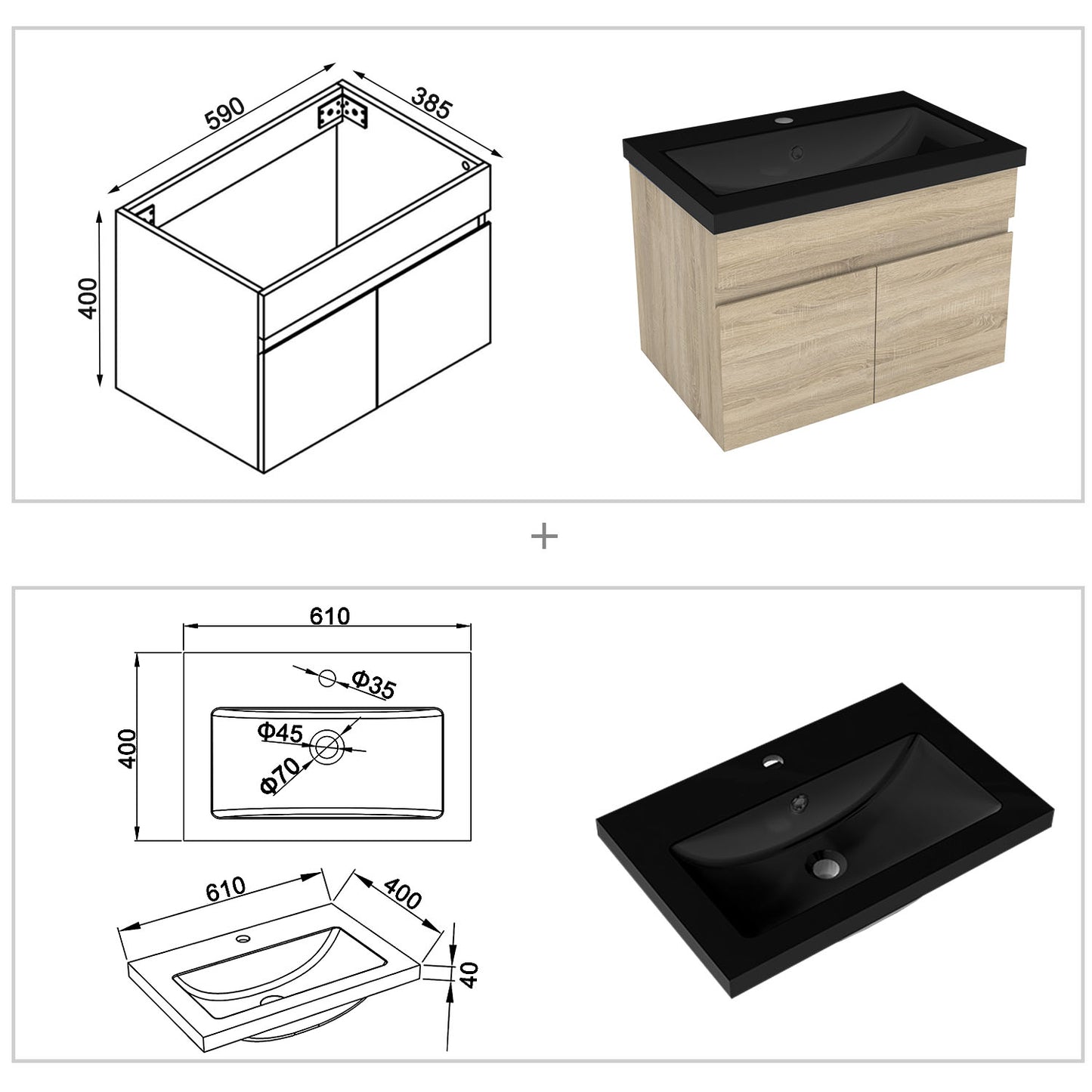 Waschbecken mit Unterschrank 60 cm Badmöbel Set mit Waschtisch Gäste WC Eiche Matt
