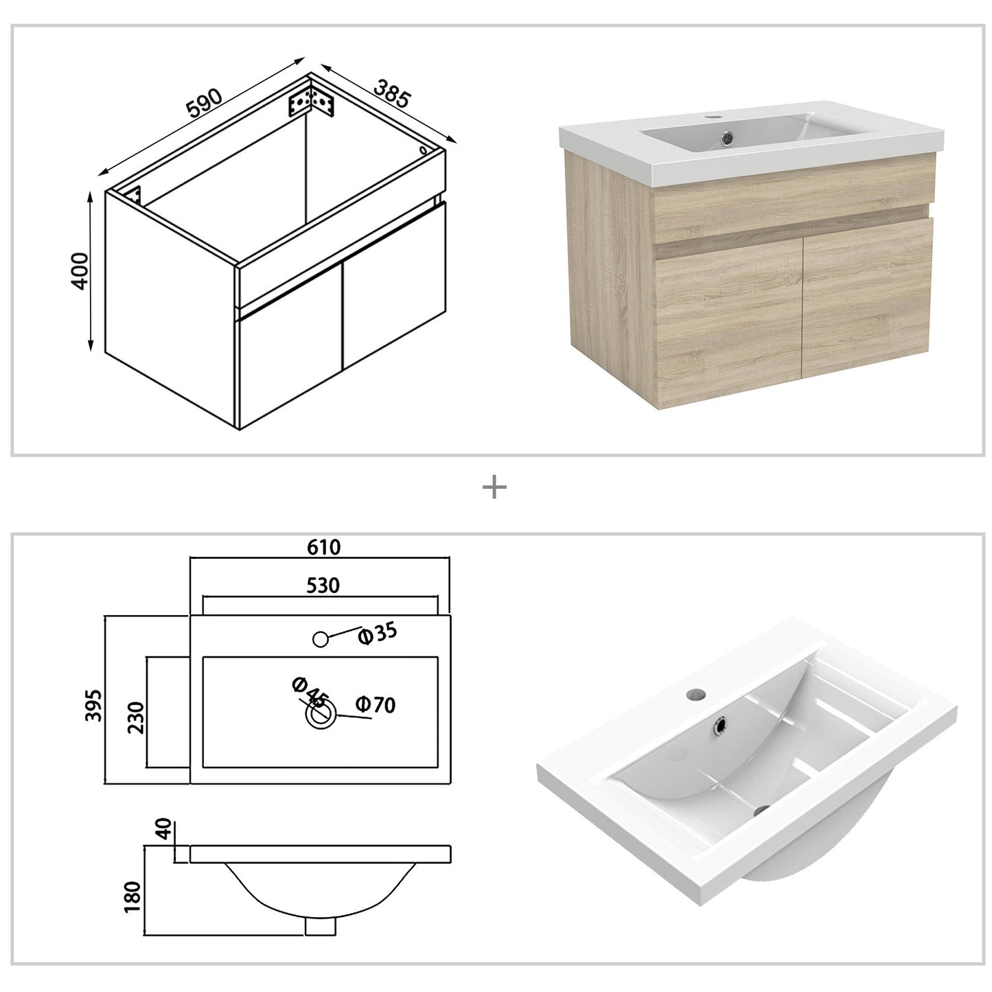 Waschbecken mit Unterschrank 60 cm Badmöbel Set mit Waschtisch Gäste WC Eiche Matt