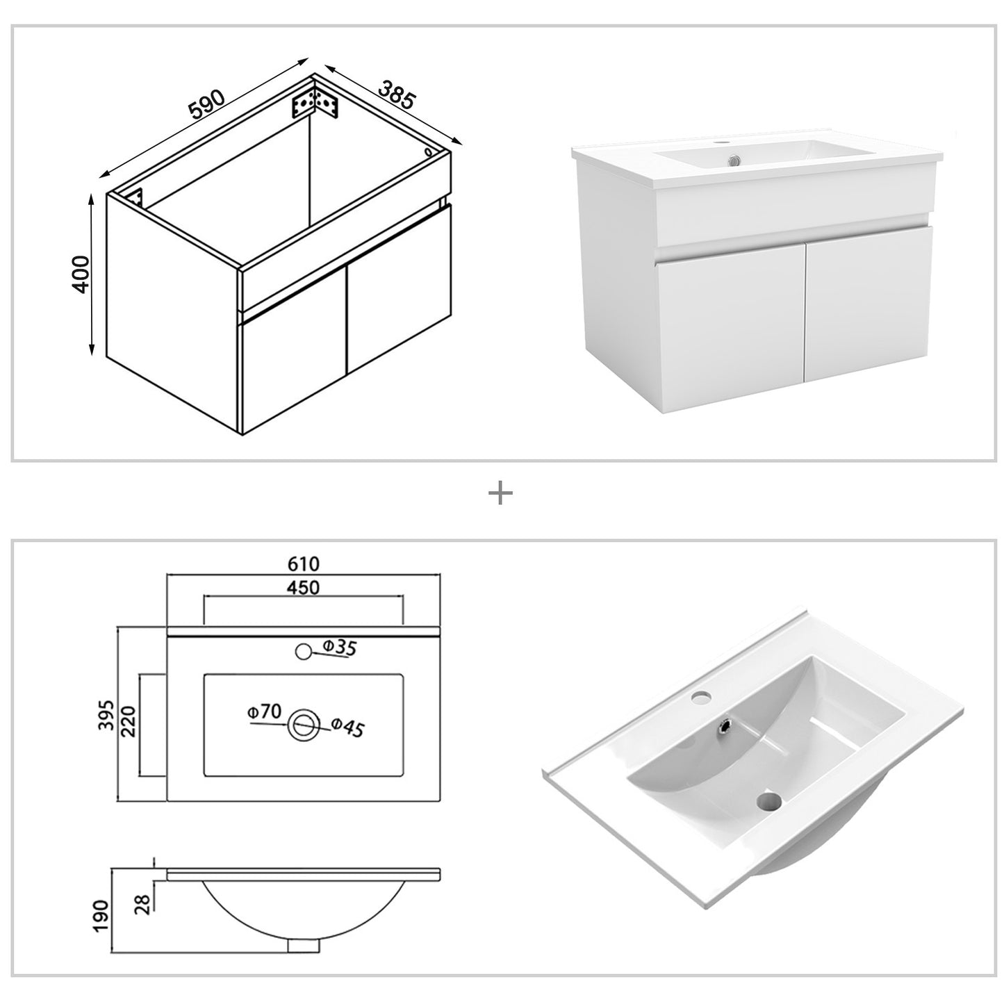 Waschtisch mit Unterschrank 60 cm Badmöbel Set mit Waschbecken  Gäste WC Weiß Matt