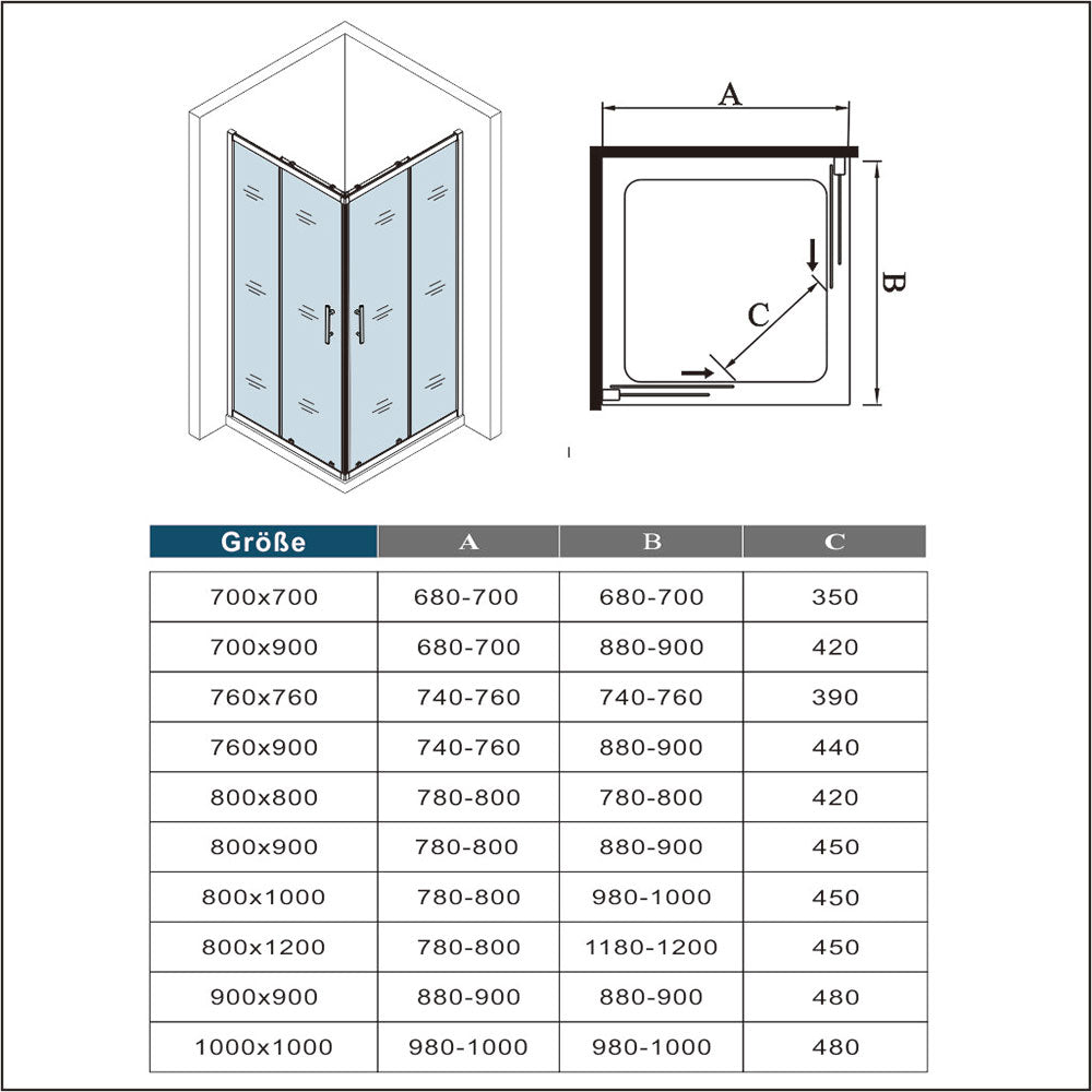 90x90 80x80 Eckeinstieg Schiebetür Eckdusche Duschkabine Glas Höhe: 185cm