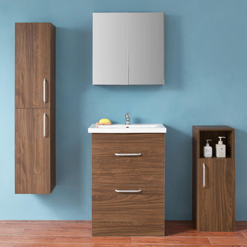 Badezimmer Möbel Set 60 cm Weiß/Walnuss Standschrank Waschbecken mit Unterschrank Waschtisch Keramikbecken Weiß/Walnuss