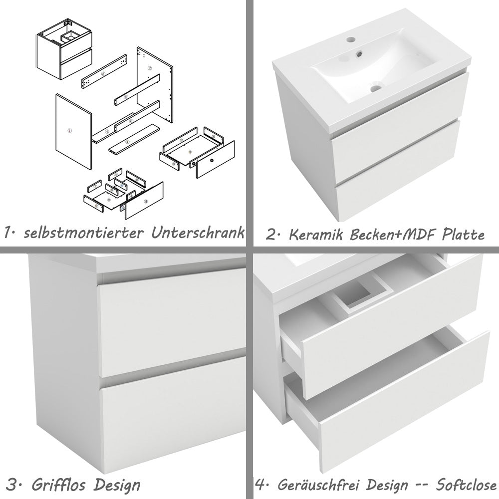 Waschtisch mit Unterschrank 60 cm Badmöbel Set mit Waschbecken Gäste WC Weiß Matt