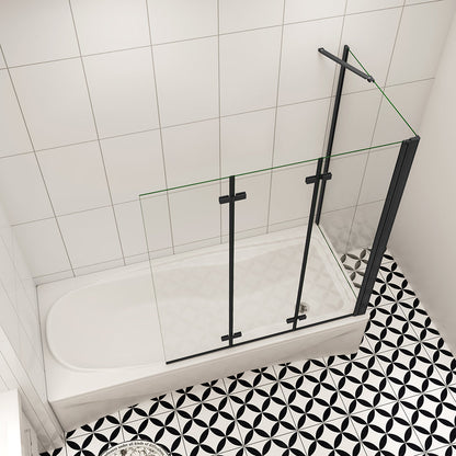 6mm NANO Glas H.140 cm Badewannenaufsatz 3-fach Faltbar mit Seitenwand ESG Schwarz 130+70 cm