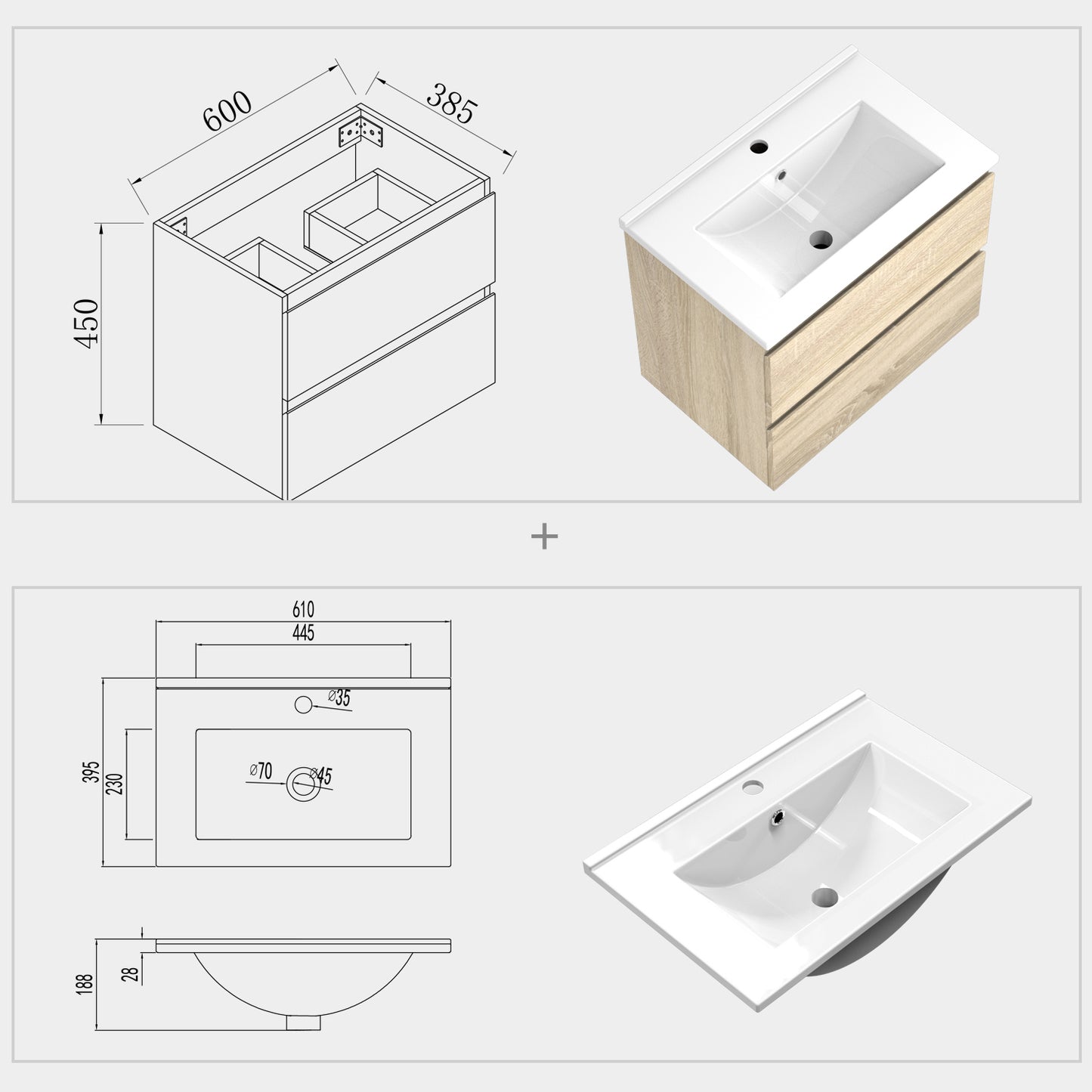 Badmöbel Set CARMEN 60 cm Eiche natur Waschbecken mit Unterschrank Waschtisch Keramikbecken