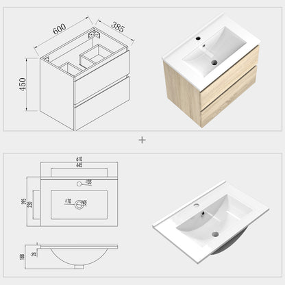 Badmöbel Set CARMEN 60 cm Eiche natur Waschbecken mit Unterschrank Waschtisch Keramikbecken
