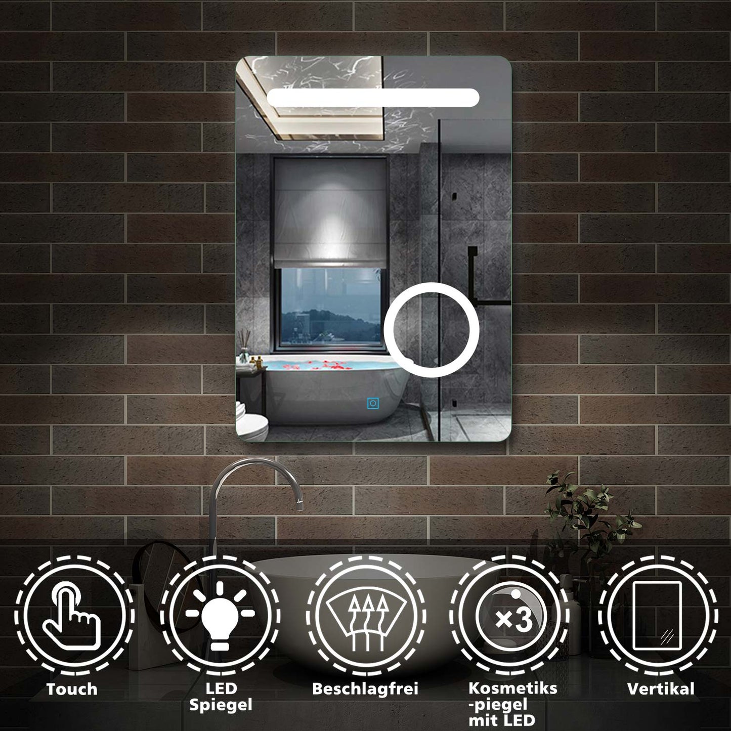 LED Badspiegel 50×70cm Wandspiegel mit Touch, Beschlagfrei,3-Fach Vergrößerung Schminkspiegel IP44 Kaltweiß energiesparend