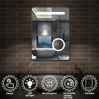 LED Badspiegel 50×70cm Wandspiegel mit Touch, Beschlagfrei,3-Fach Vergrößerung Schminkspiegel IP44 Kaltweiß energiesparend