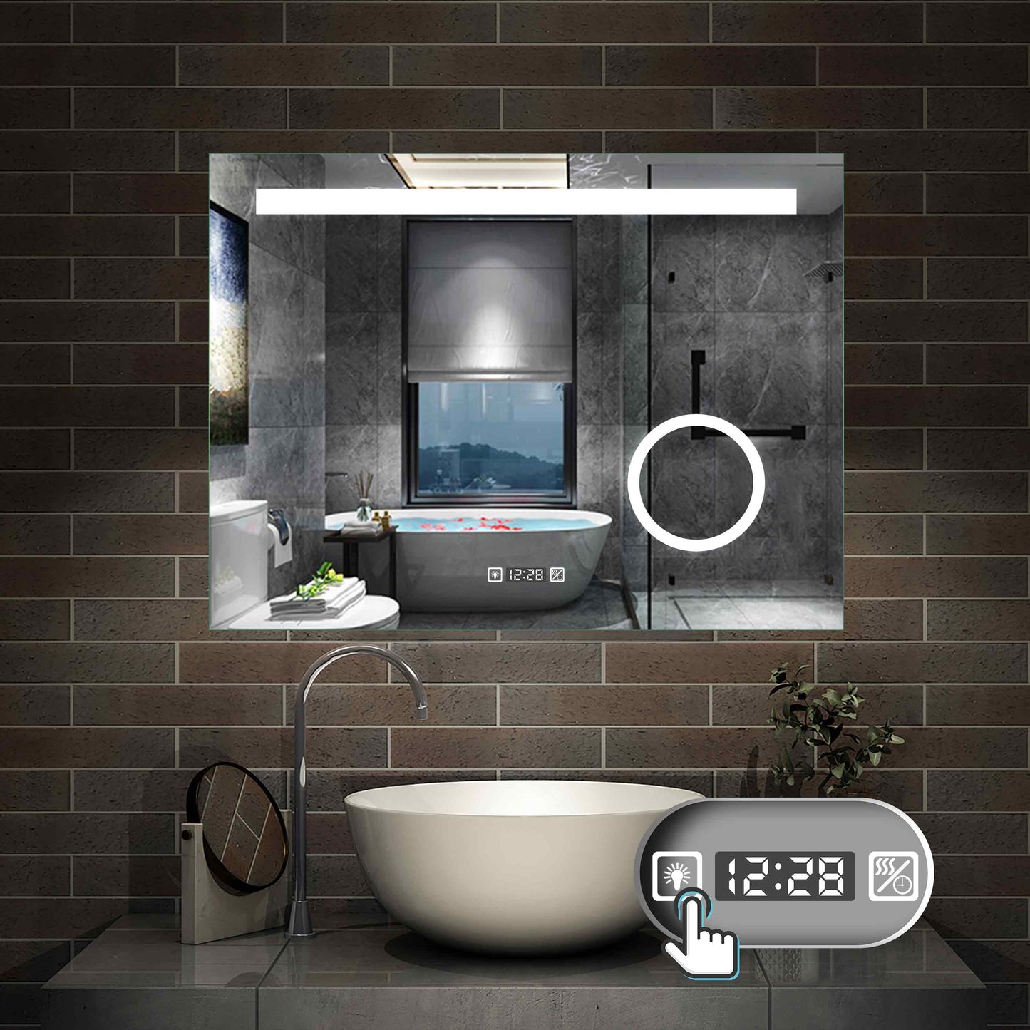 LED Badspiegel 80 -140 cm Wandspiegel mit Uhr, Touch, Beschlagfrei,3-Fach Vergrößerung Schminkspiegel IP44 Kaltweiß energiesparend