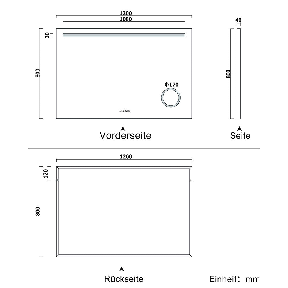 LED Badspiegel 80 -140 cm Wandspiegel mit Uhr, Touch, Beschlagfrei,3-Fach Vergrößerung Schminkspiegel IP44 Kaltweiß energiesparend