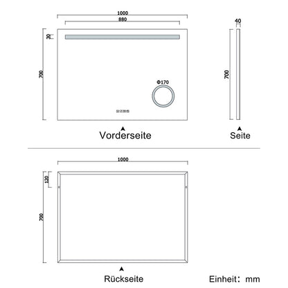 LED Badspiegel 80 -140 cm Wandspiegel mit Uhr, Touch, Beschlagfrei,3-Fach Vergrößerung Schminkspiegel IP44 Kaltweiß energiesparend