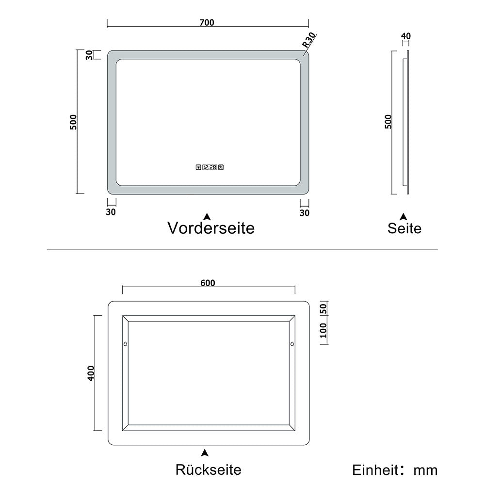 LED Badspiegel mit Uhr, Touch, Beschlagfrei Badezimmerspiegel mit Beleuchtung Lichtspiegel IP44 Kaltweiß energiesparend