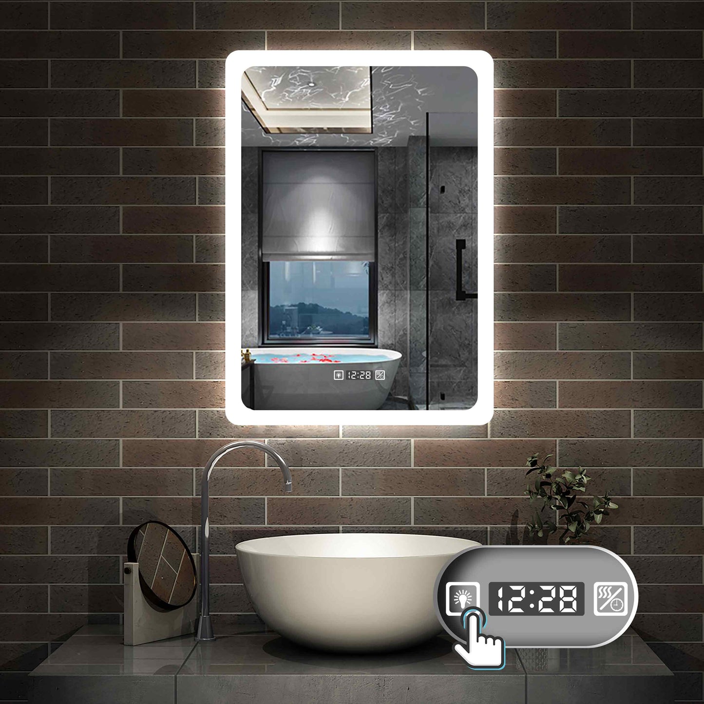 LED Badspiegel mit Uhr, Touch, Beschlagfrei Badezimmerspiegel mit Beleuchtung Lichtspiegel IP44 Kaltweiß energiesparend