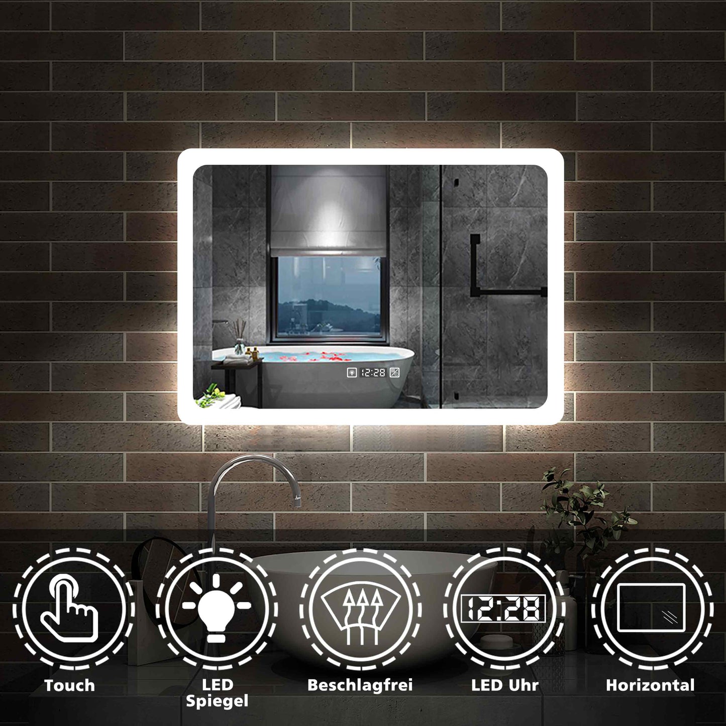 LED Badspiegel mit Uhr, Touch, Beschlagfrei Badezimmerspiegel mit Beleuchtung Lichtspiegel IP44 Kaltweiß energiesparend
