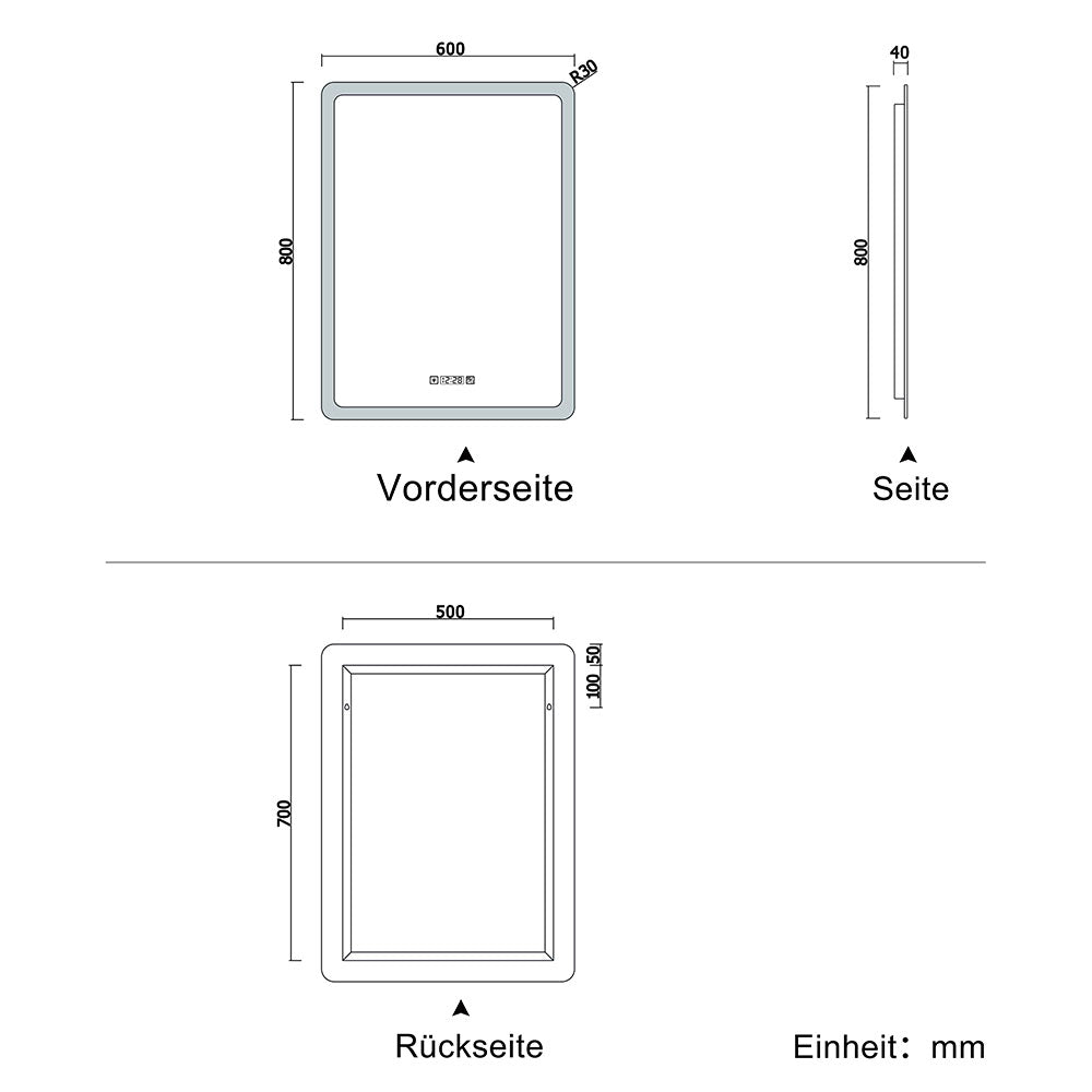 LED Badspiegel mit Uhr, Touch, Beschlagfrei Badezimmerspiegel mit Beleuchtung Lichtspiegel IP44 Kaltweiß energiesparend