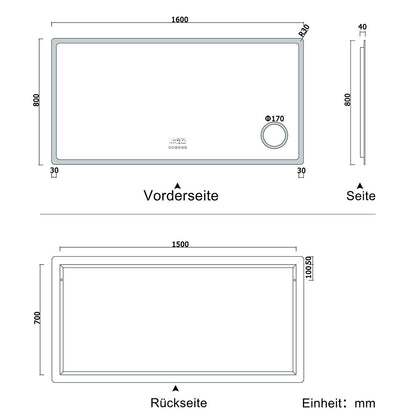 LED Badspiegel 80 bis 160 cm 2 Lichtfarbe 2700k/6000K Wandspiegel mit Bluetooth, Uhr, Touch, Beschlagfrei,3-Fach Vergrößerung Schminkspiegel IP44 Kalt/Warmweiß energiesparend