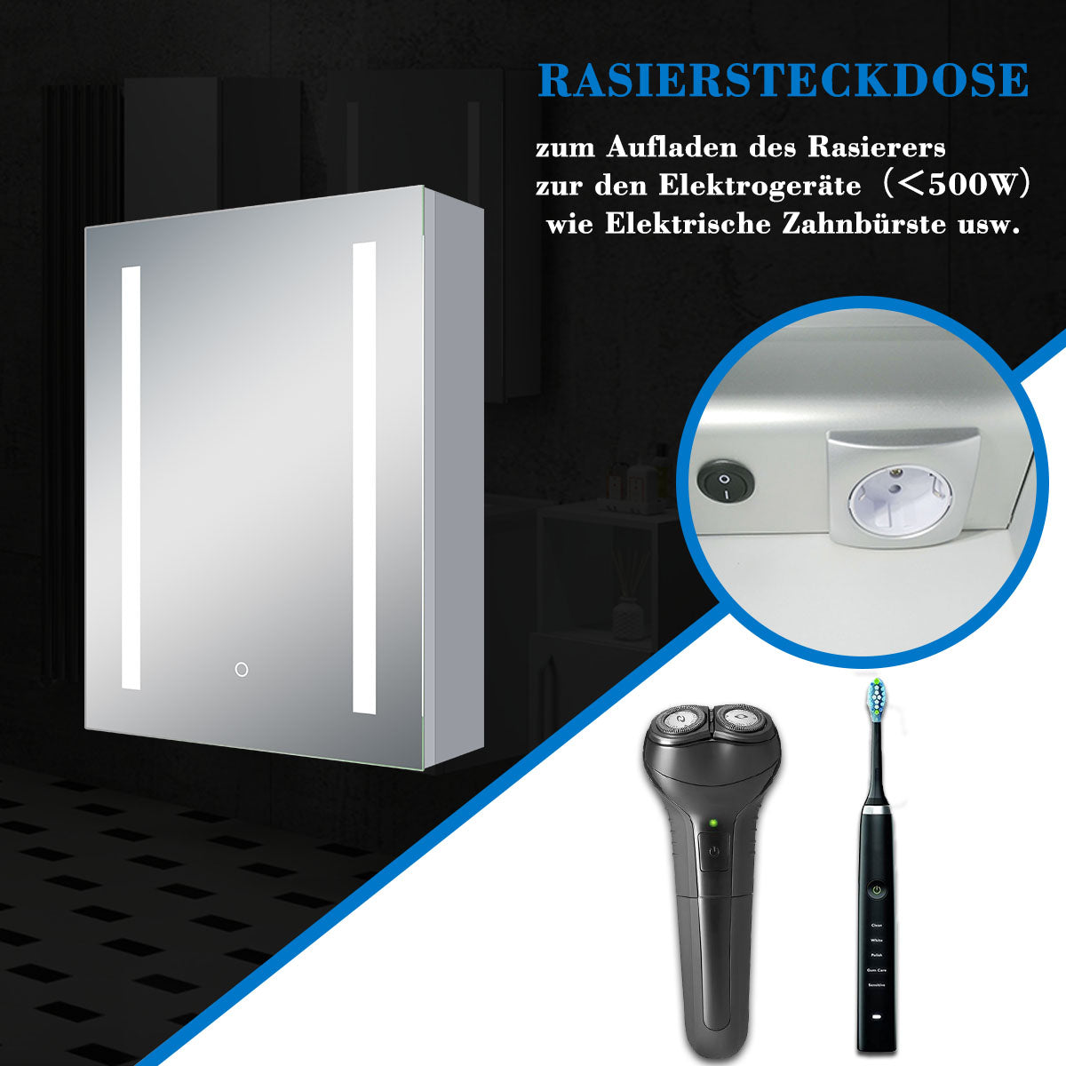 LED Spiegelschrank ARYA Badspiegelschrank mit Beleuchtung, Aluminium, beschlagfrei, Doppelseitiger Spiegel, Touch-Sensor Schalter, mit Steckdose, Kaltweiss