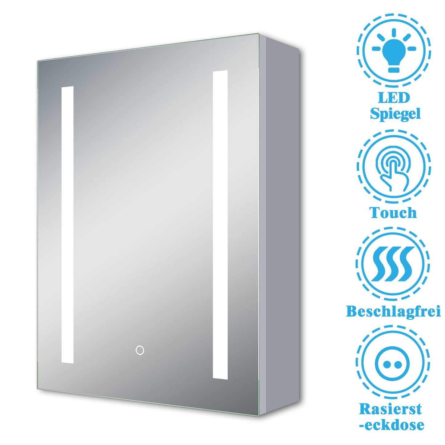 LED Spiegelschrank ARYA Badspiegelschrank mit Beleuchtung, Aluminium, beschlagfrei, Doppelseitiger Spiegel, Touch-Sensor Schalter, mit Steckdose, Kaltweiss