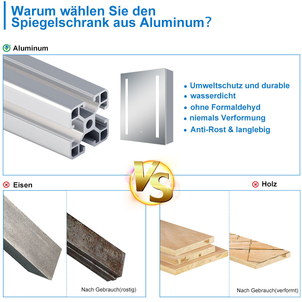 LED Spiegelschrank ARYA Badspiegelschrank mit Beleuchtung, Aluminium, beschlagfrei, Doppelseitiger Spiegel, Touch-Sensor Schalter, mit Steckdose, Kaltweiss
