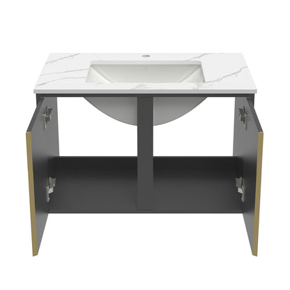 60/80/100 cm Badmöbel Set Felsplatte Waschtisch mit Unterschrank Dunkelgrau