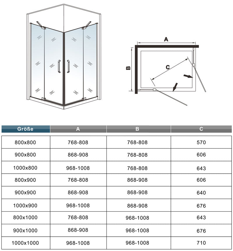 90x90 80x80 Eckeinstieg Eckdusche Duschkabine Glas Höhe: 195cm