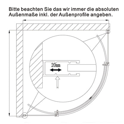 Duschkabine Viertelkreis rund Glas Höhe: 195cm
