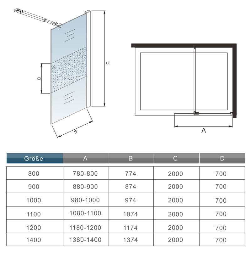 Duschkabine Duschwand Walk in dusche Glas Höhe: 200cm