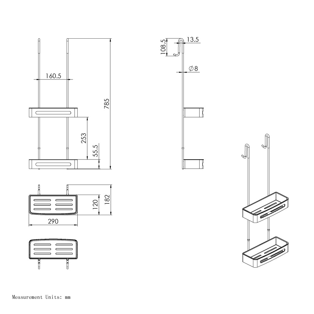 Duschablage mit 2 Haken, Duschkorb KLEBEN oder Bohren, Eckregal Rechteckig/Rechteckig, Schwarz