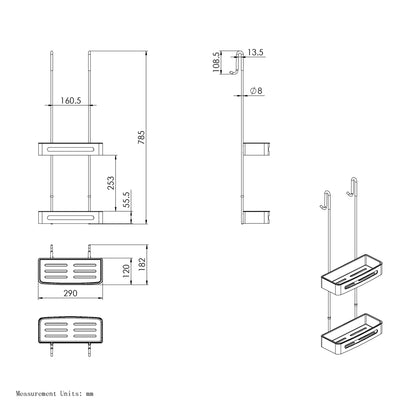 Duschablage mit 2 Haken, Duschkorb KLEBEN oder Bohren, Eckregal Rechteckig/Rechteckig, Schwarz